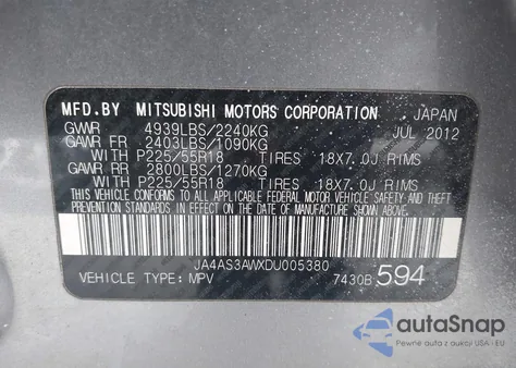 2013 Mitsubishi Outlander Se z USA, uszkodzony, nr VIN JA4AS3AWXDU005380